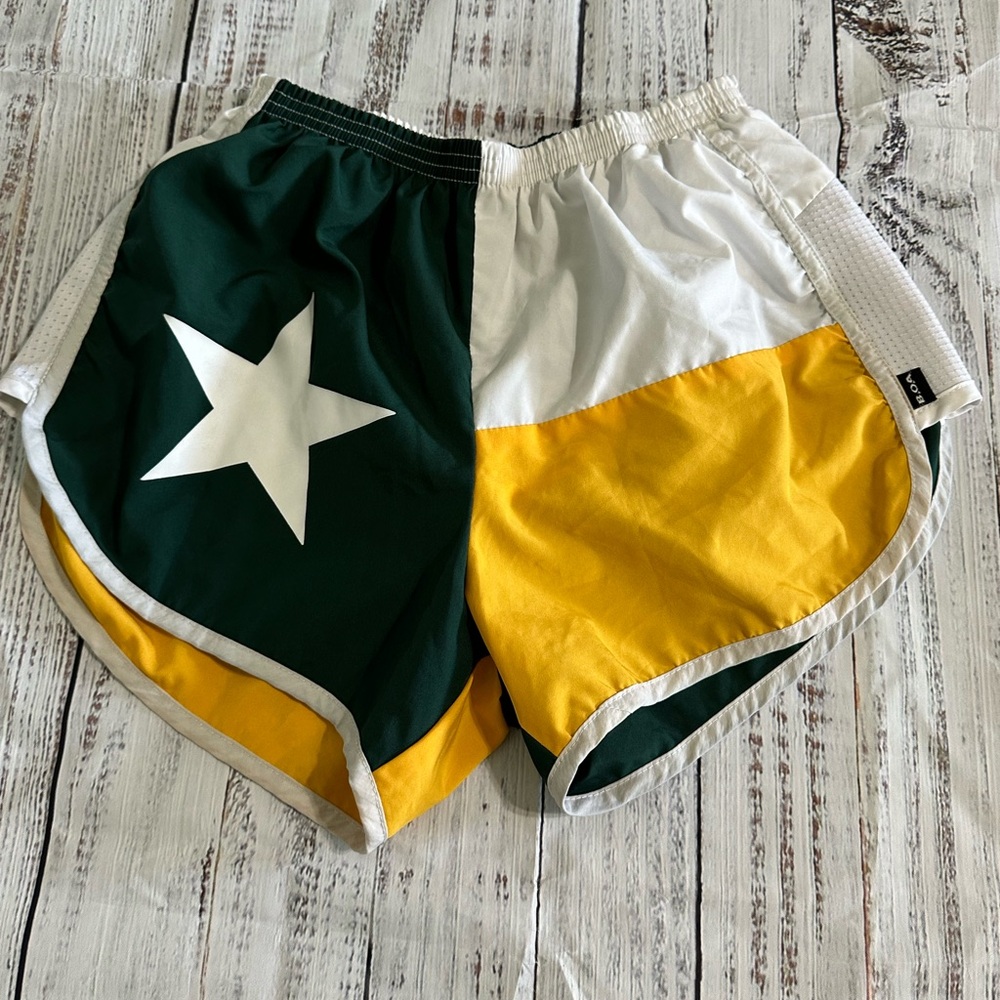 Green and Gold running shorts Baylor Texas flag design